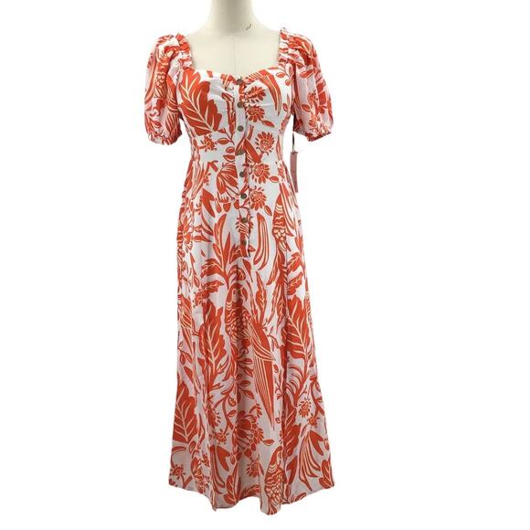 UNIQUE VINTAGE  S 4 White Orange Parrot Puff Sleeve Button Front Dress NWT B111 - Picture 1 of 7